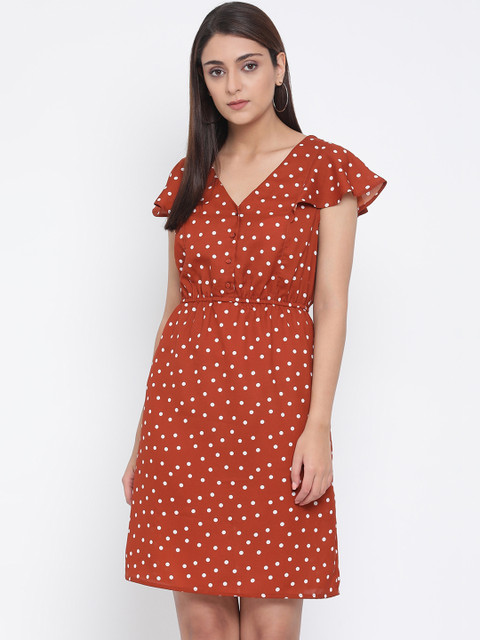 

Oxolloxo Women Rust Red & White Polka Dot Printed A-Line Dress With Flutter Sleeves