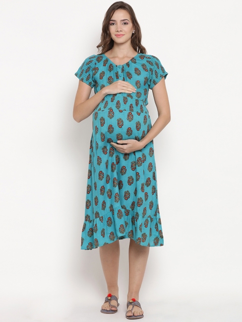 

Mine4Nine Women Turquoise Blue Floral Print Maternity Blouson Dress