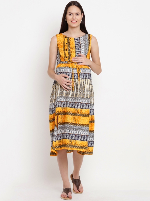 

Mine4Nine Women Yellow & White Printed Maternity Dress