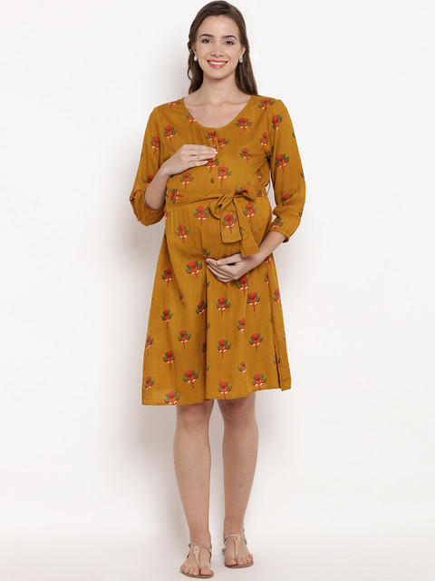 

Mine4Nine Women Yellow Floral Print A-Line Dress