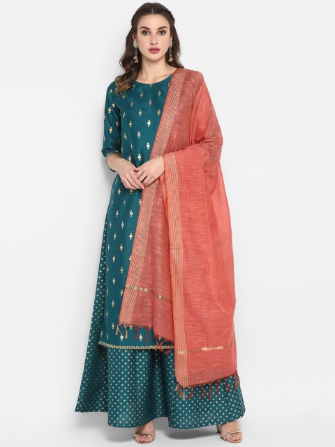 

Janasya Women Teal Green & Gold-Toned Printed Kurta with Palazzos & Dupatta