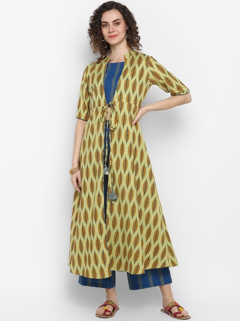 

Janasya Women Green & Blue Printed Top with Palazzos & Shrug