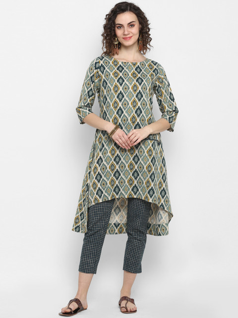 

Janasya Women Green & Off-White Ikat Printed A-line Kurta with Trousers