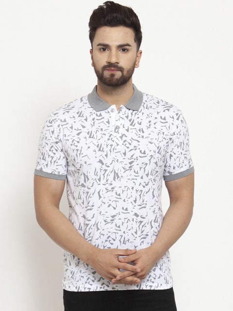 

WILD WEST Men White Grey Printed Polo Collar Pure Cotton T-shirt
