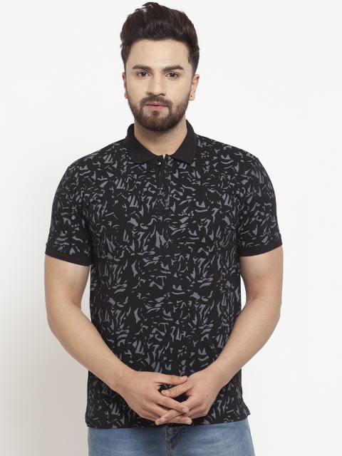 

WILD WEST Men Black White Printed Polo Collar Pure Cotton T-shirt