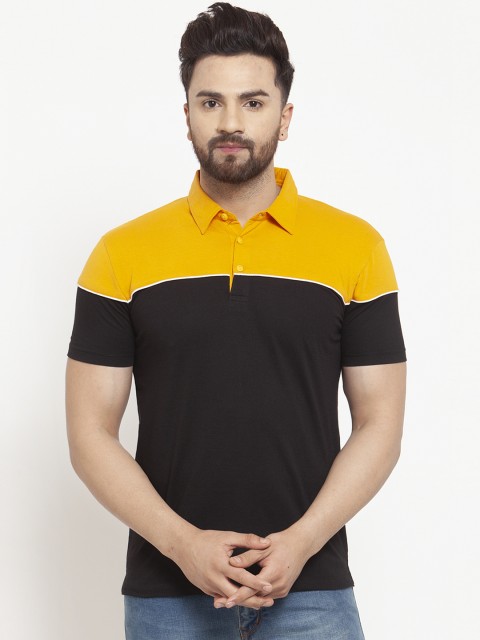 

WILD WEST Men Mustard Yellow & Black Colourblocked Polo Collar T-shirt
