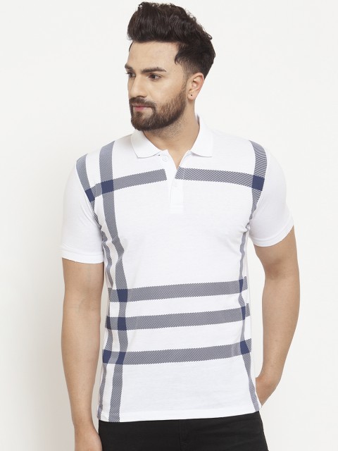 

WILD WEST Men White Navy Blue Striped Polo Collar Pure Cotton T-shirt