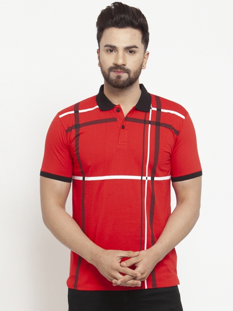 

WILD WEST Men Red Striped Polo Collar T-shirt