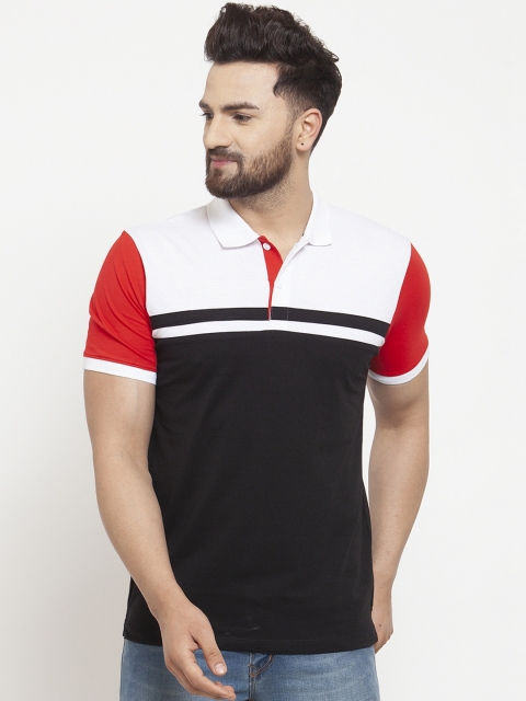 

WILD WEST Men Black & White Colourblocked Polo Collar T-shirt