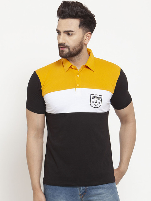 

WILD WEST Men Black & Yellow Colourblocked Polo Collar T-shirt