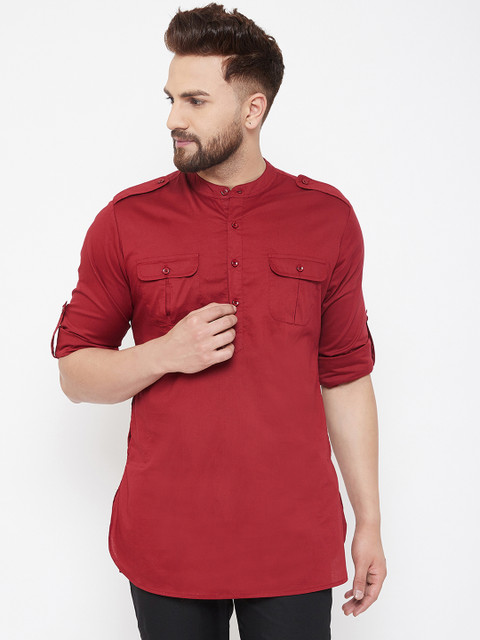 

Hypernation Men Red Solid Straight Kurta
