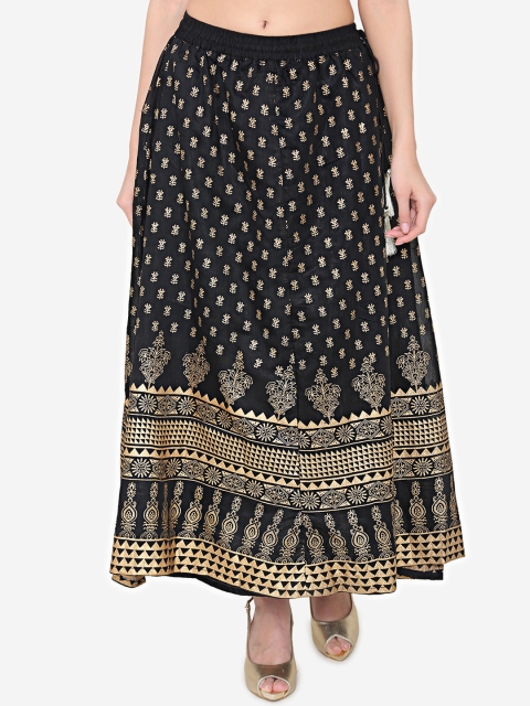 

Laabha Women Black & Gold-Coloured Printed Flared Maxi Skirt