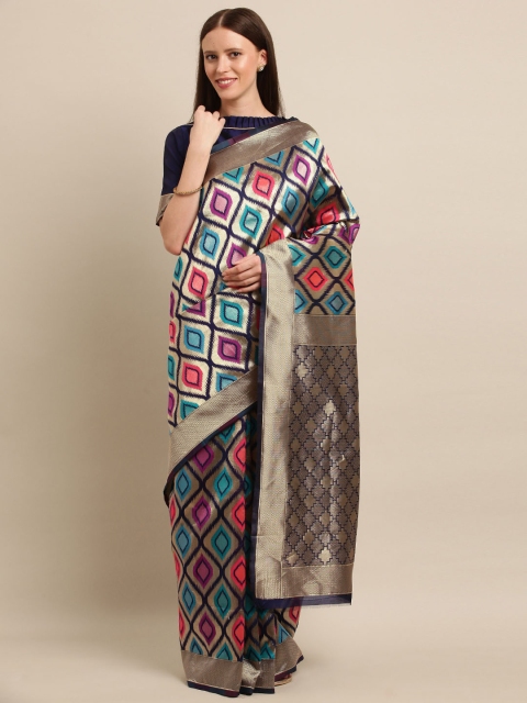

SHAVYA Navy Blue & Gold-Toned Pure Silk Woven Design Banarasi Saree
