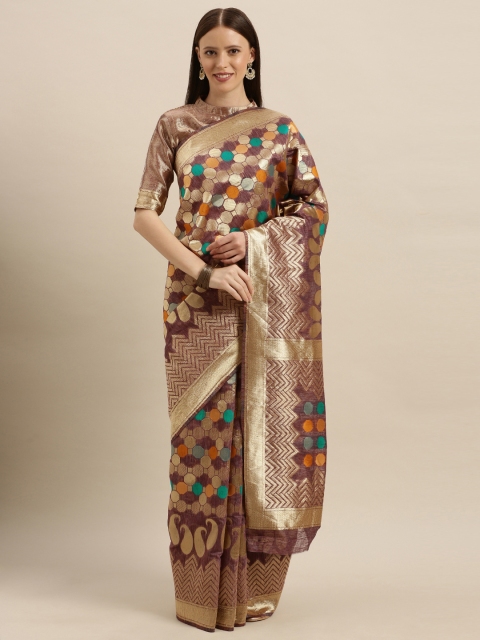 

SHAVYA Brown & Gold-Toned Pure Silk Woven Design Banarasi Saree