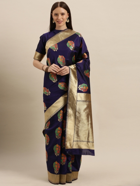 

SHAVYA Navy Blue & Gold-Toned Pure Silk Woven Design Banarasi Saree