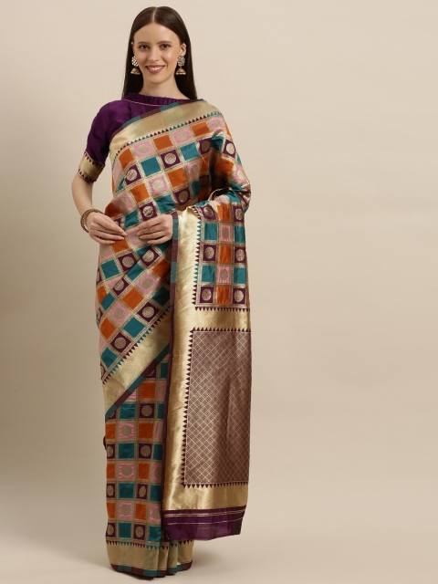 

SHAVYA Purple & Gold-Toned Pure Silk Woven Design Banarasi Saree
