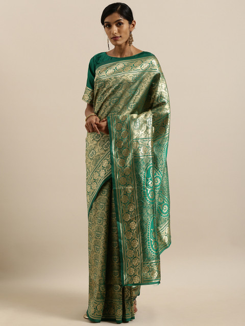 

SHAVYA Green & Gold-Toned Pure Silk Woven Design Banarasi Saree