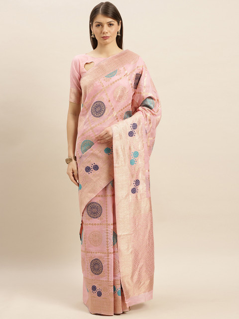 

SHAVYA Pink & Blue Pure Silk Woven Design Banarasi Saree
