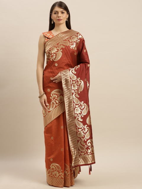

SHAVYA Orange & Golden Pure Silk Woven Design Banarasi Saree
