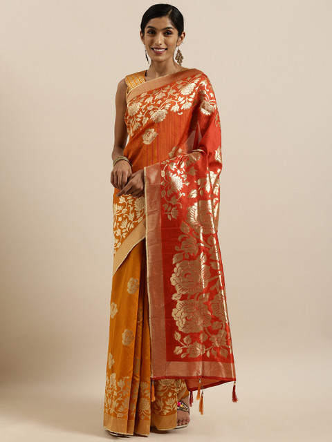 

SHAVYA Mustard Yellow & Gold-Toned Pure Silk Woven Design Banarasi Saree