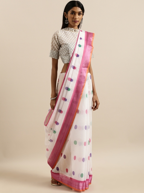 

SHAVYA White & Pink Printed Pure Linen Saree
