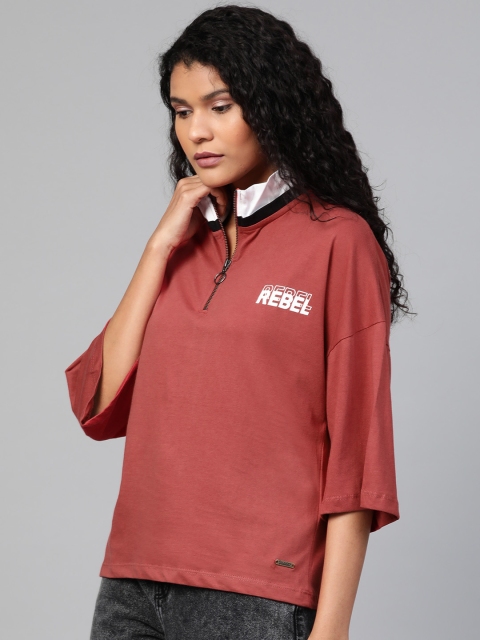 

Roadster Women Rust Red Solid Mock Collar T-shirt