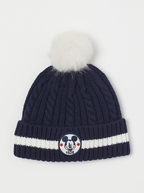 

H&M Unisex Kids Navy Blue & White Pompom Cable-knit Hat with Applique