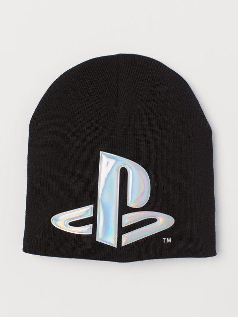 

H&M Men Black Solid Knitted Hat with Applique