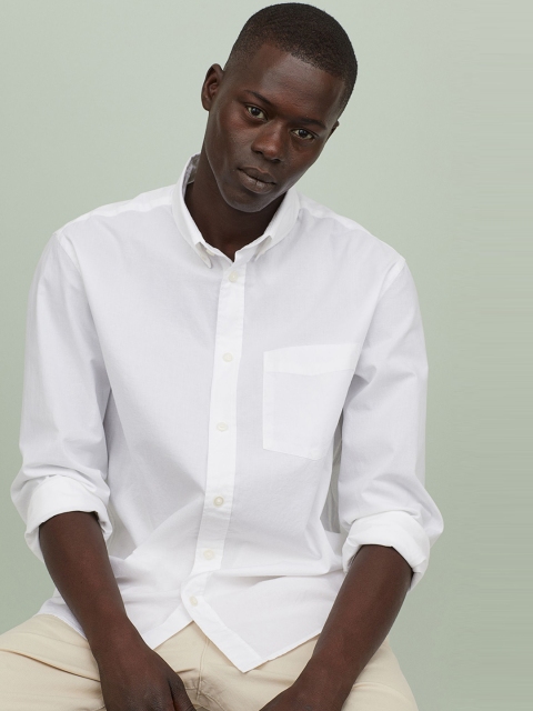 

H&M Men White Solid Cotton Shirt Regular Fit