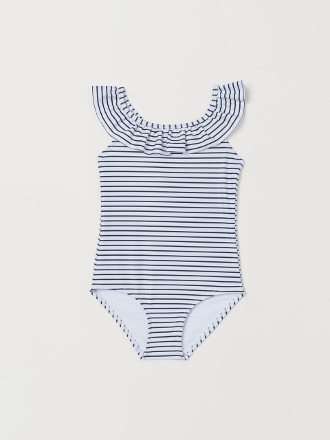 

H&M Girls White & Blue Striped Flounce-Trimmed Swimsuit