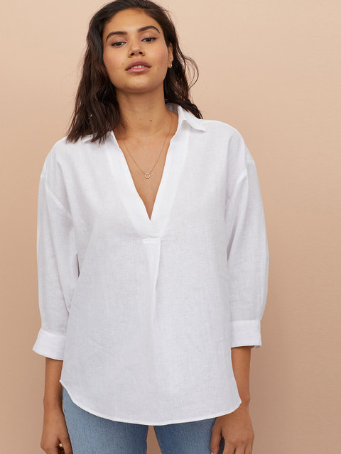 

H&M Women White Solid Linen-Blend Blouse