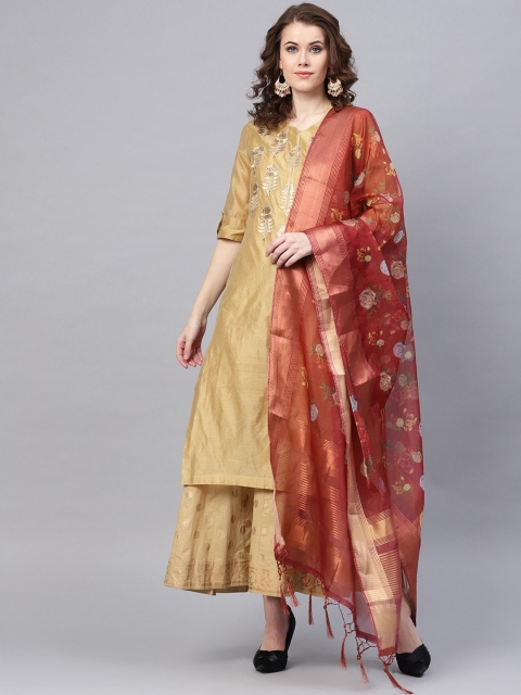 

Juniper Maroon & Peach-Coloured Organza Floral Printed Dupatta