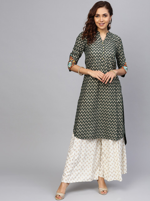 

Juniper Women Green & Gold-Toned Printed Liva Straight Kurta