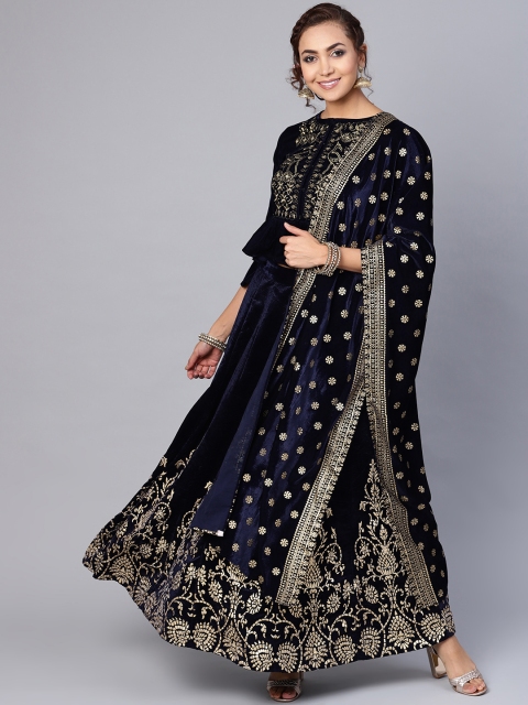

Juniper Navy Blue & Gold-Toned Velvet Foil Printed Dupatta