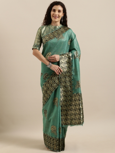 

SHAVYA Green & Gold-Toned Pure Silk Woven Design Banarasi Saree