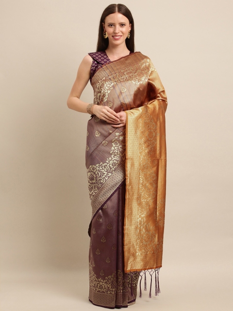 

SHAVYA Purple & Mustard Yellow Pure Silk Woven Design Banarasi Saree
