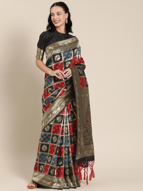 

SHAVYA Black & Red Pure Silk Woven Design Banarasi Saree