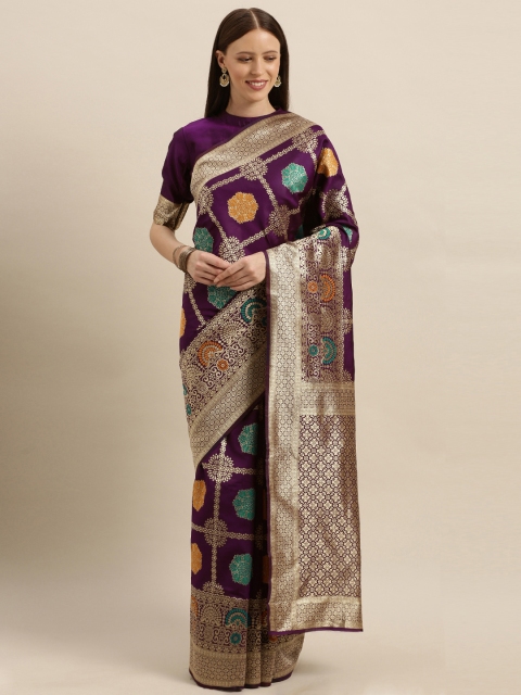 

SHAVYA Purple & Gold-Toned Pure Silk Woven Design Banarasi Saree