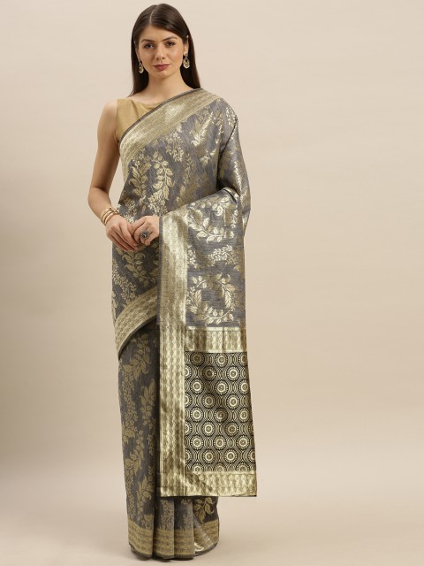 

SHAVYA Grey & Gold-Toned Pure Silk Woven Design Banarasi Saree