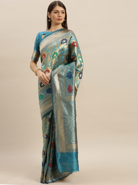 

SHAVYA Blue & Gold-Toned Pure Silk Woven Design Banarasi Saree