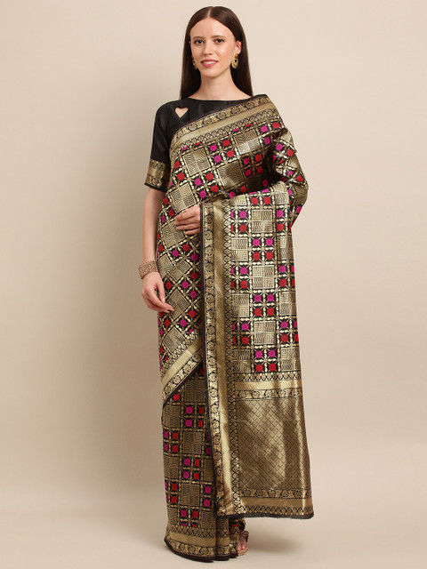 

SHAVYA Golden & Red Pure Silk Woven Design Banarasi Saree, Gold