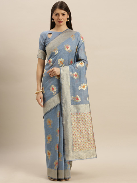 

SHAVYA Grey & Gold-Toned Pure Silk Woven Design Banarasi Saree