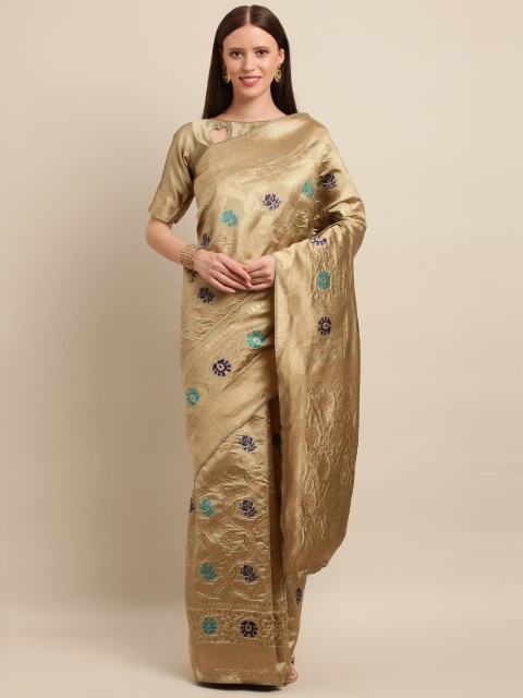 

SHAVYA Gold-Coloured & Blue Pure Silk Woven Design Banarasi Saree