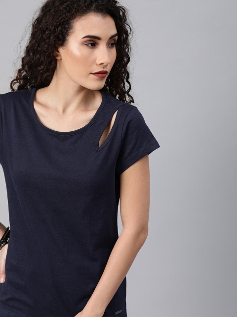 

Roadster Women Navy Blue Solid Round Neck T-shirt with Cut-Out Detail
