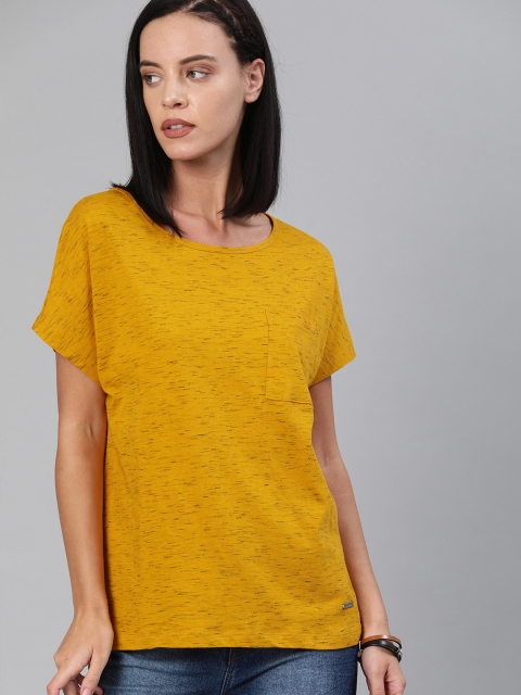 

Roadster Women Mustard Yellow Solid Round Neck T-shirt with Pocket