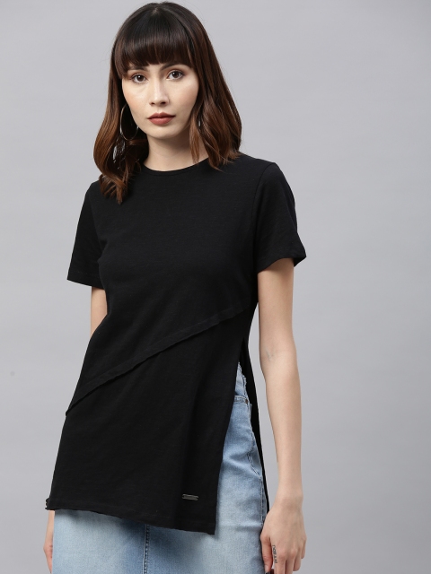 

Roadster Women Black Solid Longline Pure Cotton Top With High Slit
