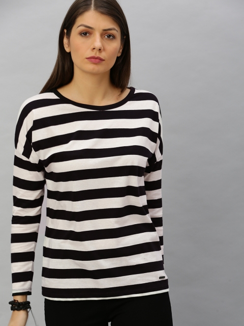 

Roadster Women Black White Striped Round Neck Pure Cotton T-shirt With Drop Shoulder Sleeves