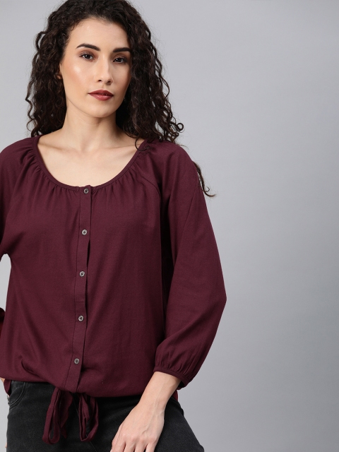

Roadster Women Maroon Solid Cinched Waist Pure Cotton Top