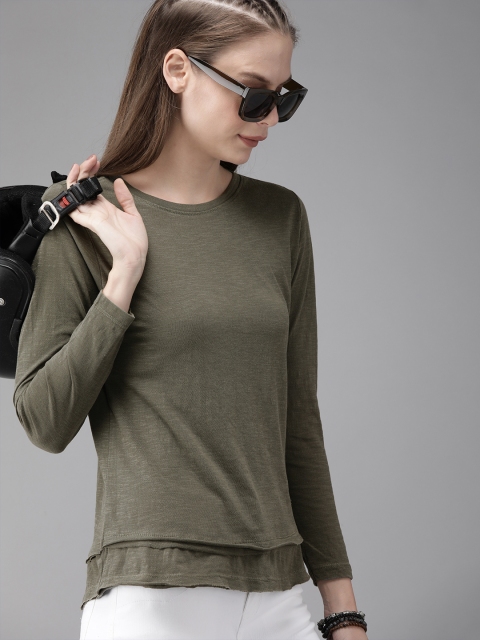 

Roadster Women Olive Green Solid Round Neck T-shirt