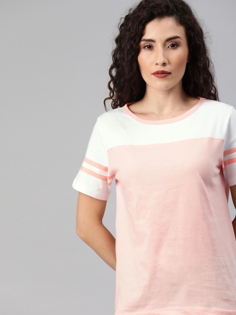 

Roadster Women Pink & White Colourblocked Round Neck T-shirt